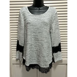 Alfani White/Black Open Knit Lace Glitter Sweater Long‎ Sleeve Size Medium